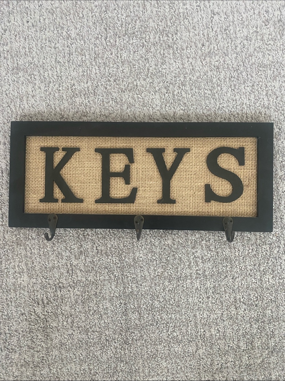 KEYS Wall Hook Rack in Black and Burlap Modern Farmhouse Rustic Vibe 14” by 6”